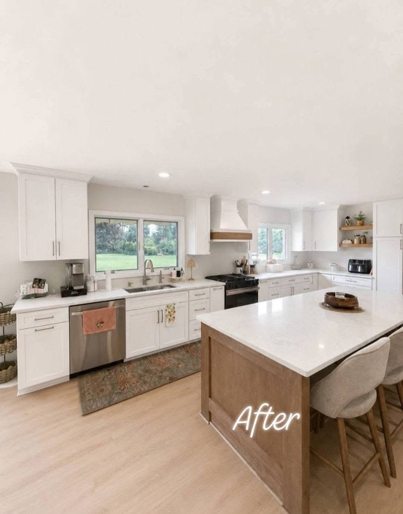 New white shaker kitchen with quartz island and wood accents