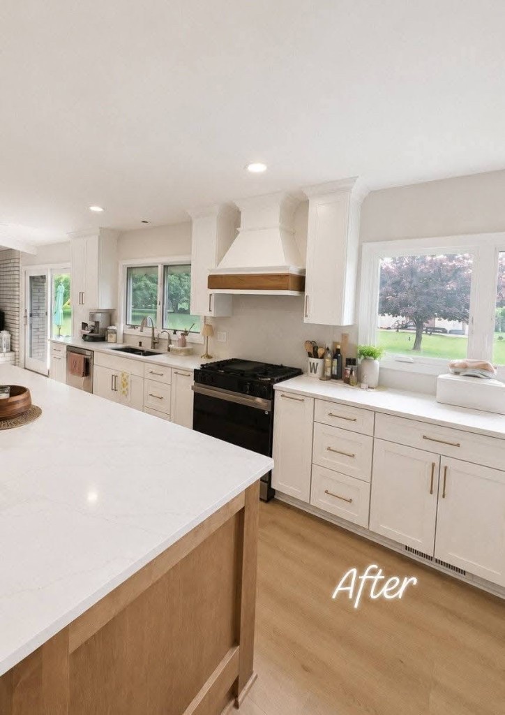 Custom range hood with wood trim and quartz countertops